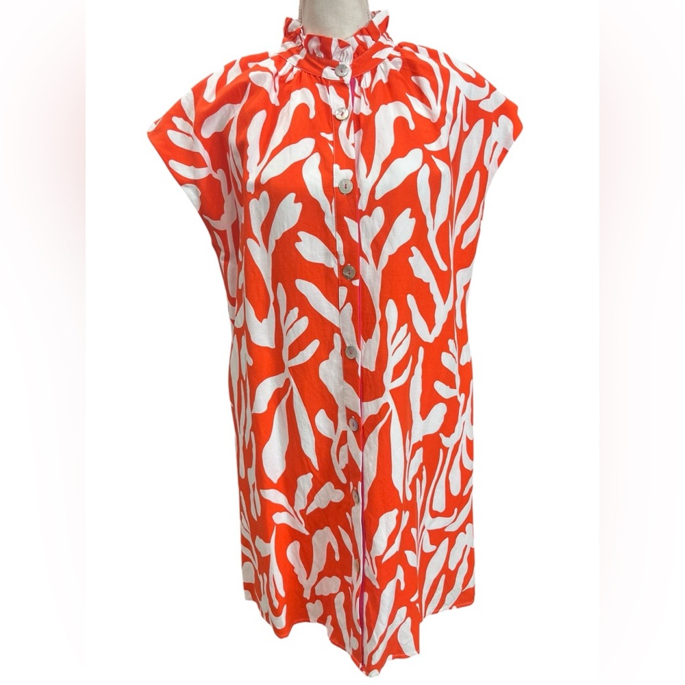 THML Orange White Botanical Print Ruffle Neck Mini Dress Linen Blend M - Picture 2 of 10